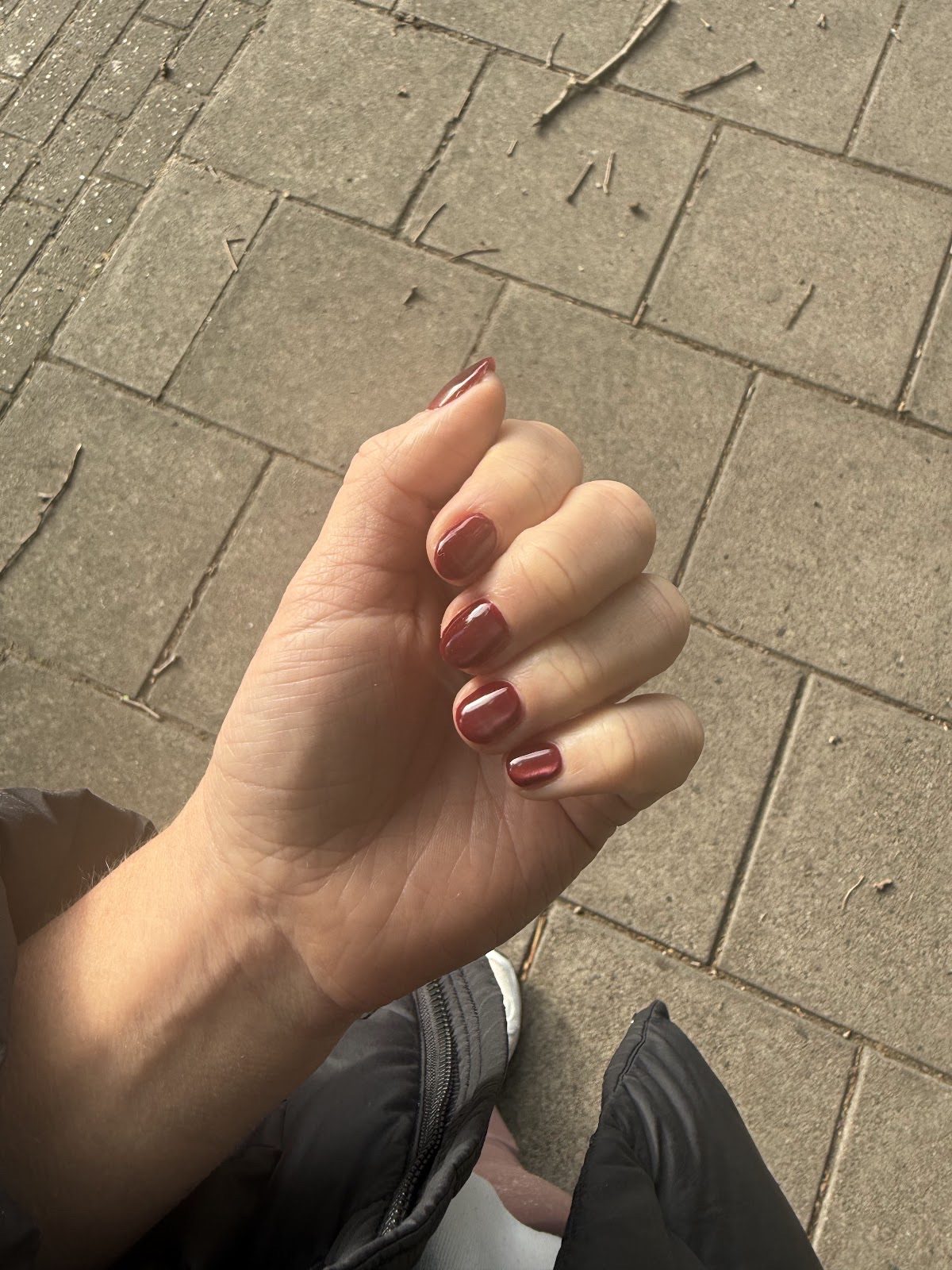 A hand showing deep burgundy short almond nails